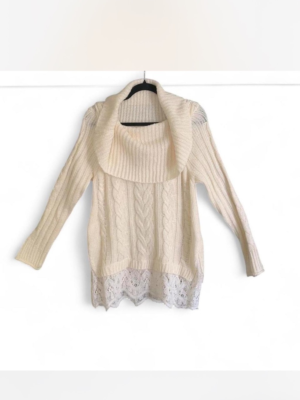 Knox Rose Cream Cable Knit Cowl Sweater with Lace Trim